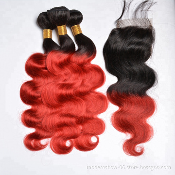 Cheap ombre hair two tone 1b/red remy brazilian body wave hair extensions 100% rnemy human hair three bundles with closure